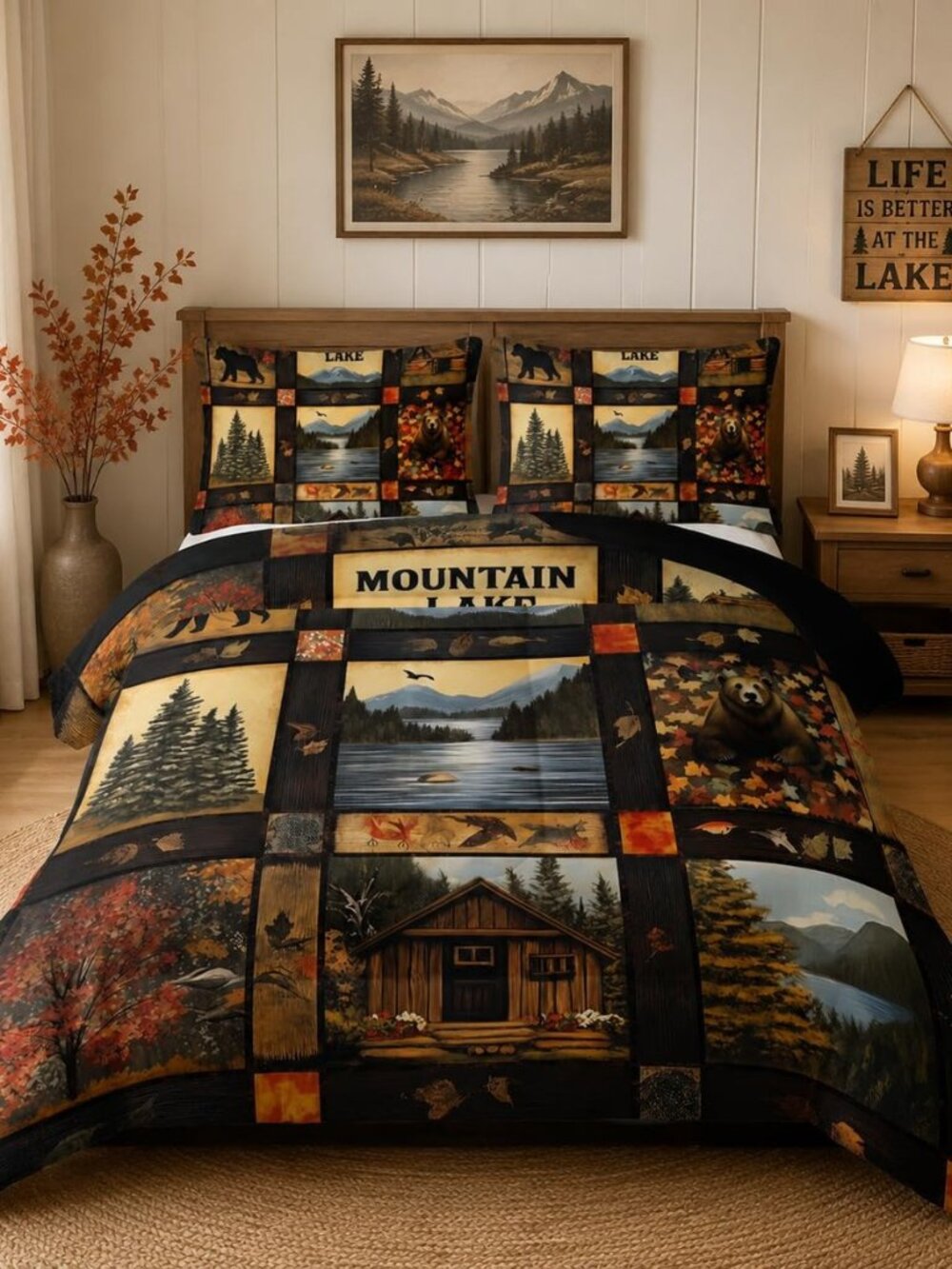 Hunting Bear Comforter Set Full,Bear Cabin Plaid Comforter Set Bedding Set for